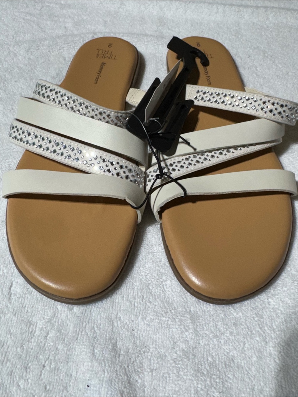 Time and Tru Cream and Tan Rhinestone Strappy Slide Sandals